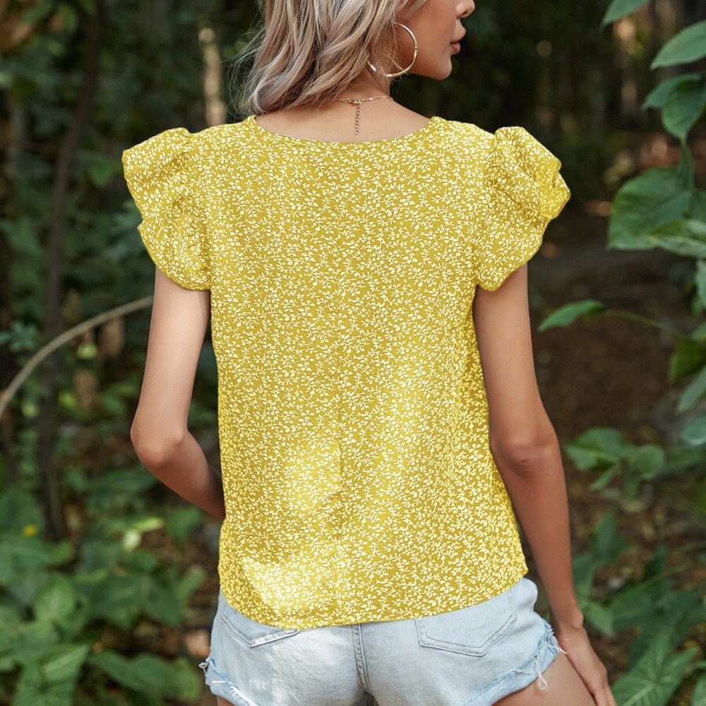 Boho V neck Ruffle Sleeve Floral Print Top Yellow - Picture 5 of 16
